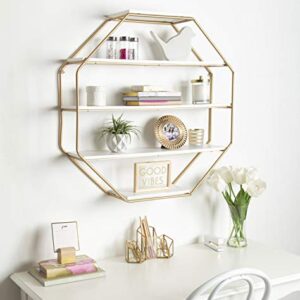 Kate and Laurel Lintz Large Modern Octagon Floating Wall Shelves with Metal Frame, Gold and White