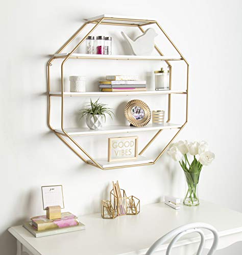 Kate and Laurel Lintz Large Modern Octagon Floating Wall Shelves with Metal Frame, Gold and White