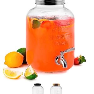 Kook Glass Drink Dispenser, with Leak-Proof Stainless Steel Spigot, Clear Mason Jar, Beverage Storage for Fridge, for Water, Iced Tea, Sangria, Lemonade, 1 Gallon (1, Silver)