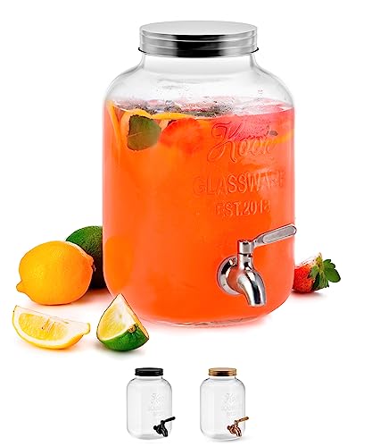 Kook Glass Drink Dispenser, with Leak-Proof Stainless Steel Spigot, Clear Mason Jar, Beverage Storage for Fridge, for Water, Iced Tea, Sangria, Lemonade, 1 Gallon (1, Silver)