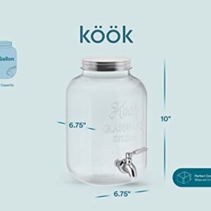 Kook Glass Drink Dispenser, with Leak-Proof Stainless Steel Spigot, Clear Mason Jar, Beverage Storage for Fridge, for Water, Iced Tea, Sangria, Lemonade, 1 Gallon (1, Silver)