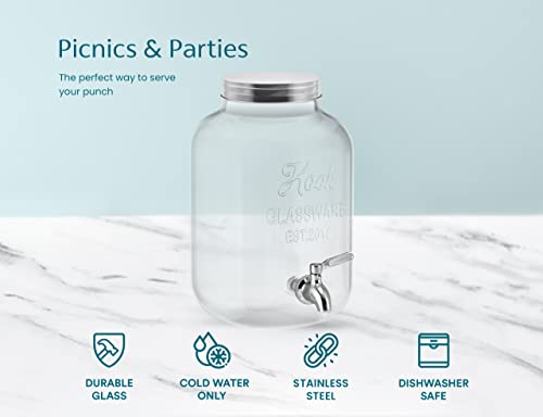 Kook Glass Drink Dispenser, with Leak-Proof Stainless Steel Spigot, Clear Mason Jar, Beverage Storage for Fridge, for Water, Iced Tea, Sangria, Lemonade, 1 Gallon (1, Silver)