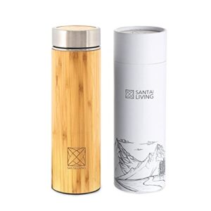 santai living premium bamboo thermos with tea infuser & super strainer 17oz capacity - keeps hot & cold for 24 hrs - vacuum insulated stainless steel travel tea tumbler infuser bottle for tea & coffee