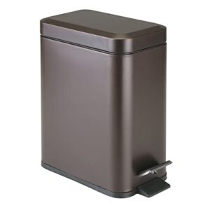 mdesign small modern 1.3 gallon rectangle metal lidded step trash can, compact garbage bin with removable liner bucket and handle for bathroom, kitchen, craft room, office, garage - bronze