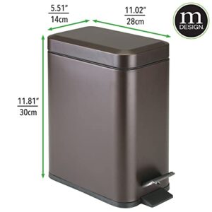 mDesign Small Modern 1.3 Gallon Rectangle Metal Lidded Step Trash Can, Compact Garbage Bin with Removable Liner Bucket and Handle for Bathroom, Kitchen, Craft Room, Office, Garage - Bronze