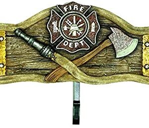 Rustic Fireman Fire Department Emblem Axe Hose Edge Wall Hook Key Holder Coat Hanger 3 Hooks Hand Painted Decoration