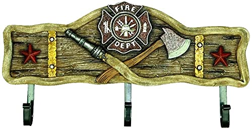 Rustic Fireman Fire Department Emblem Axe Hose Edge Wall Hook Key Holder Coat Hanger 3 Hooks Hand Painted Decoration