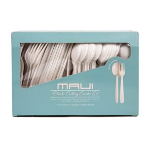 MAUI Plastic Forks And Spoons- Heavy Duty Disposable 100 Forks & 100 deep wide Soup Spoons(Set of 200 Total) - Strong Heavyweight Easy to Open Set - Good For Gathering & Parties Hard To Break by "Maui