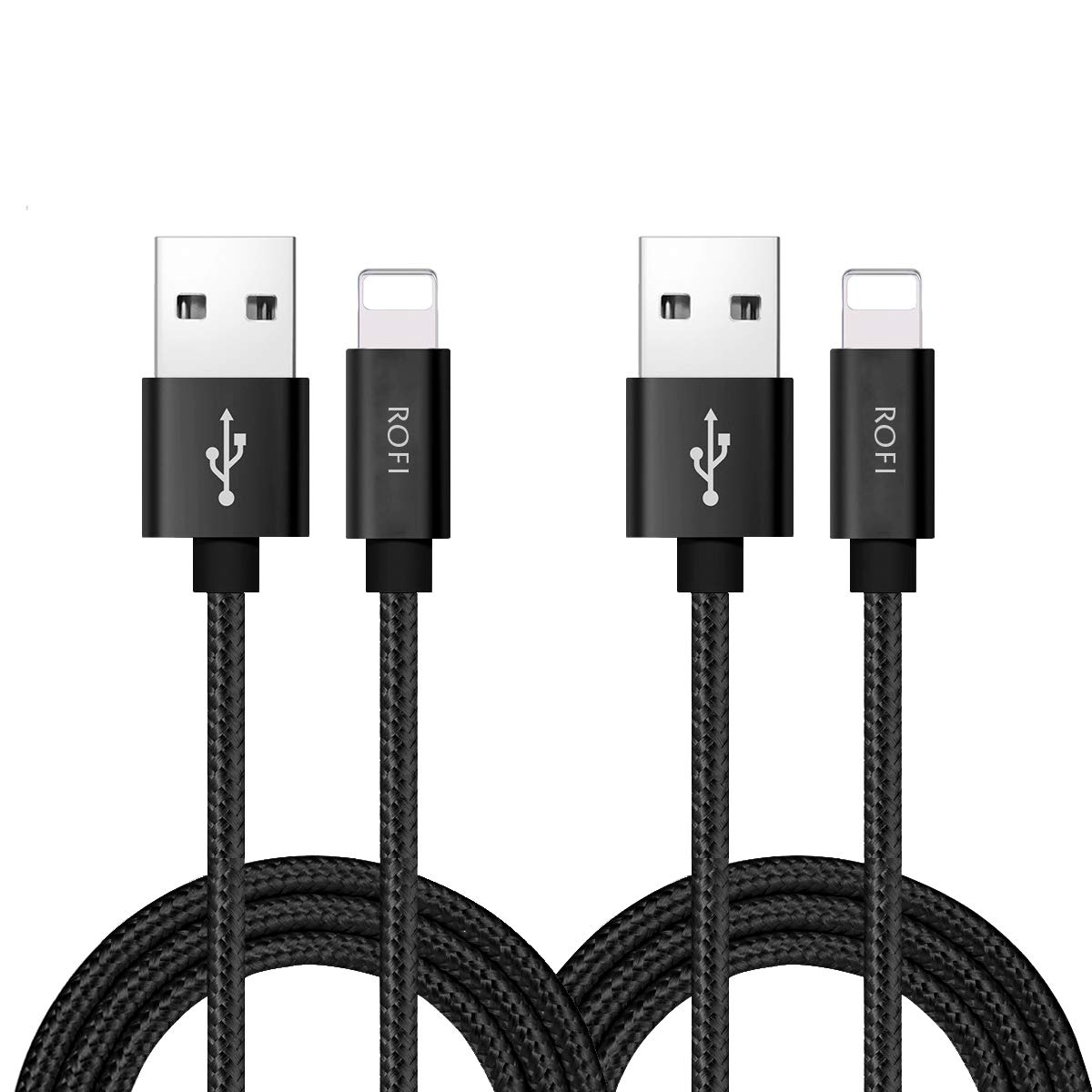 RoFI Compatible Phone Cable, [2Pack] 2FT Nylon Braided Fast Charging USB Cord Replacement for Phone X 8 8 Plus 7 7 Plus 6s 6s Plus 6 6 Plus 5 5S 5C SE Pad Air Mini and More (2 Pack Black, 2 FT)