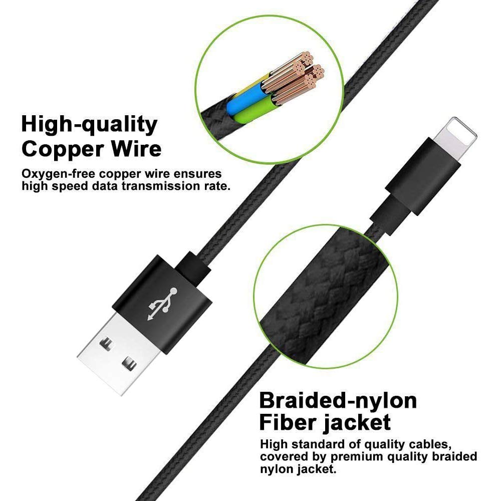 RoFI Compatible Phone Cable, [2Pack] 2FT Nylon Braided Fast Charging USB Cord Replacement for Phone X 8 8 Plus 7 7 Plus 6s 6s Plus 6 6 Plus 5 5S 5C SE Pad Air Mini and More (2 Pack Black, 2 FT)
