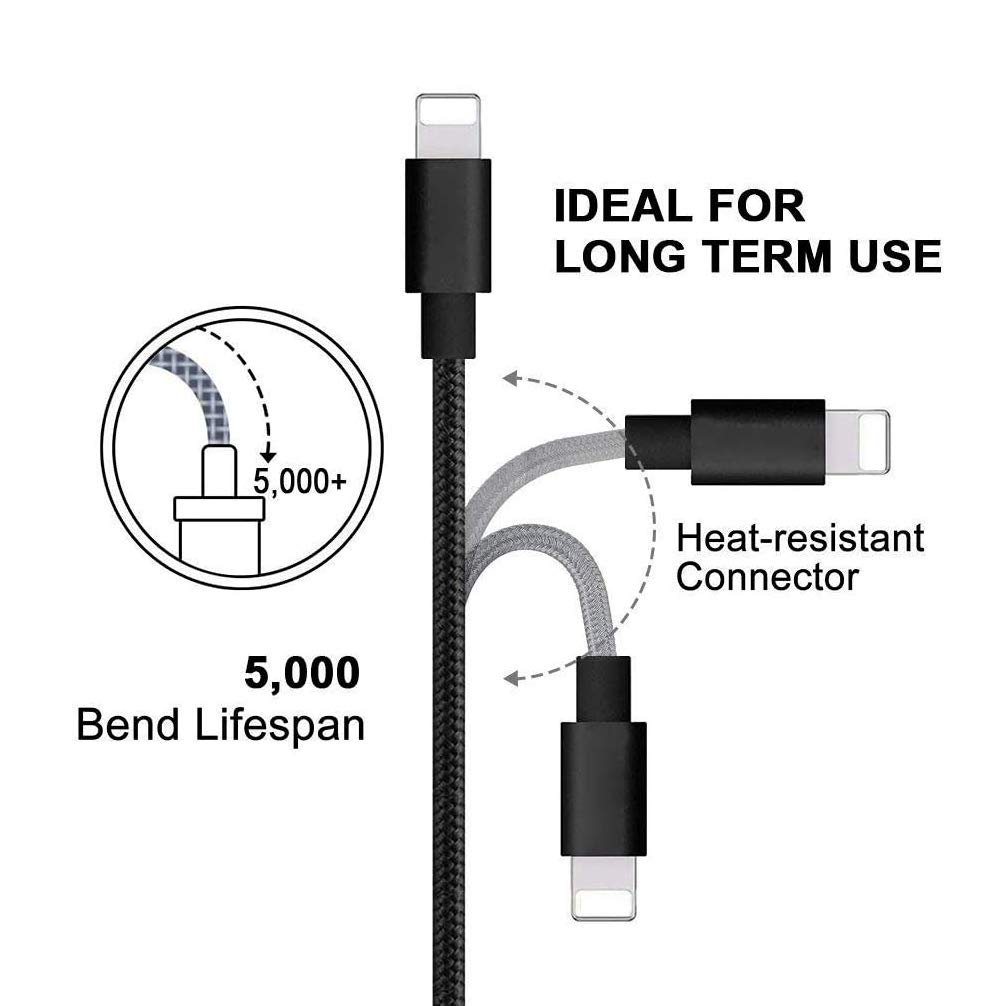 RoFI Compatible Phone Cable, [2Pack] 2FT Nylon Braided Fast Charging USB Cord Replacement for Phone X 8 8 Plus 7 7 Plus 6s 6s Plus 6 6 Plus 5 5S 5C SE Pad Air Mini and More (2 Pack Black, 2 FT)