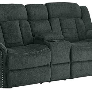 Homelegance Nutmeg Upholstered Double Reclining Loveseat with Console, Charcoal Gray