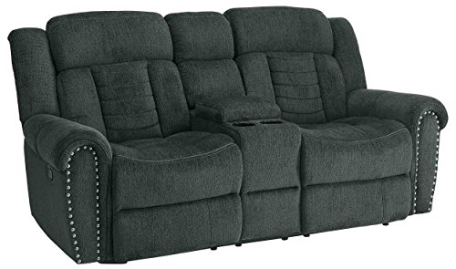 Homelegance Nutmeg Upholstered Double Reclining Loveseat with Console, Charcoal Gray