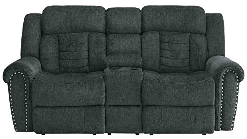 Homelegance Nutmeg Upholstered Double Reclining Loveseat with Console, Charcoal Gray