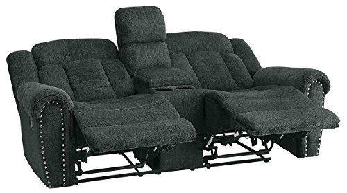 Homelegance Nutmeg Upholstered Double Reclining Loveseat with Console, Charcoal Gray