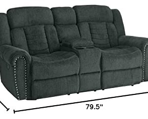 Homelegance Nutmeg Upholstered Double Reclining Loveseat with Console, Charcoal Gray