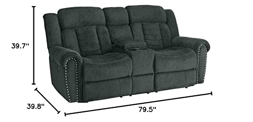 Homelegance Nutmeg Upholstered Double Reclining Loveseat with Console, Charcoal Gray