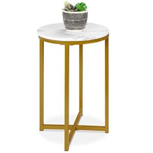 best choice products 16in faux marble accent table, modern end table, small coffee table home decor for living room, dining room, tea, coffee w/metal frame, foot caps, designer - white/bronze gold