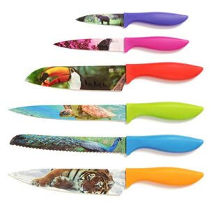 chef's vision wildlife kitchen knife set in gift box - cool gifts for animal lovers - 6-piece colorful chefs knives set - unique gift idea for home, wedding gifts for couple, housewarming gifts