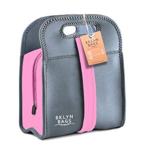 neoprene lunch bag – tiffin bag – eco friendly insulated bento bag with zipper and strap for boys girls kids teen & adults. lunch tote, lunch box,food container for school or work (pink/grey)