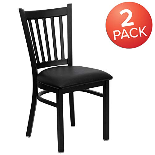 Flash Furniture 2 Pack HERCULES Series Black Vertical Back Metal Restaurant Chair - Black Vinyl Seat