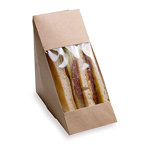 Restaurantware Cafe Vision Triangle Kraft Paper Medium Sandwich Box - 4 3/4" x 4 3/4" x 2 3/4" - 25 count box