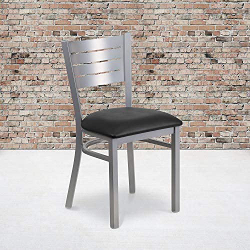 Flash Furniture 2 Pack HERCULES Series Silver Slat Back Metal Restaurant Chair - Black Vinyl Seat