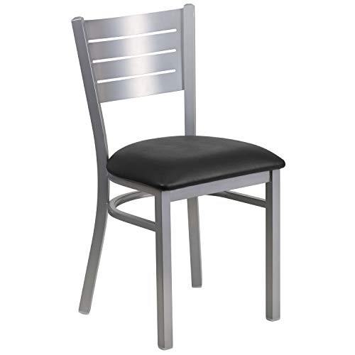 Flash Furniture 2 Pack HERCULES Series Silver Slat Back Metal Restaurant Chair - Black Vinyl Seat