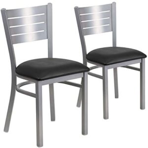 Flash Furniture 2 Pack HERCULES Series Silver Slat Back Metal Restaurant Chair - Black Vinyl Seat