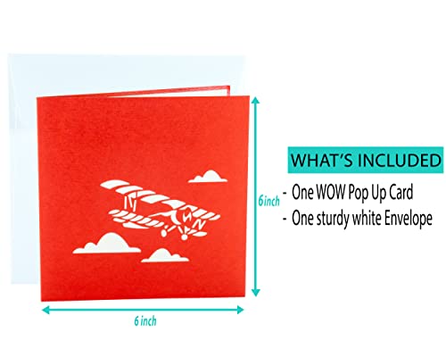 Red Airplane - WOW 3D Pop Up Card for All Occasions - Birthday, Congratulations, Good Luck, Anniversary, Get Well, Love, Good Bye