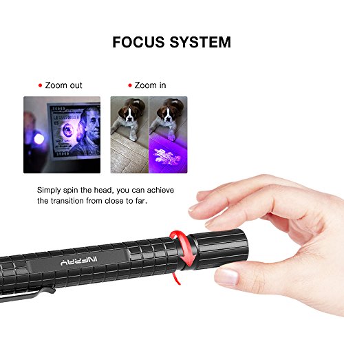 infray Pen Flashlight Black Light, Zoomable, Small 395nm Blacklight Detector for Dog Urine & Dry Stain. IPX5 Water-Resistant, Powered by 2AAA Batteries