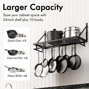 Kitchen 24 Inches Wall Mounted Pot Pan Rack Wall With 10 Hooks, Matte Black KUR215S60-BK