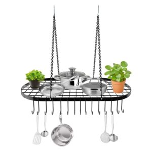 vdomus hanging pot rack organizer - heavy-duty ceiling pot rack storage - mounted kitchen overhead pots holder - multi-purpose kitchen cookware, utensils hanger - 15 hooks, 33 x 17 inches