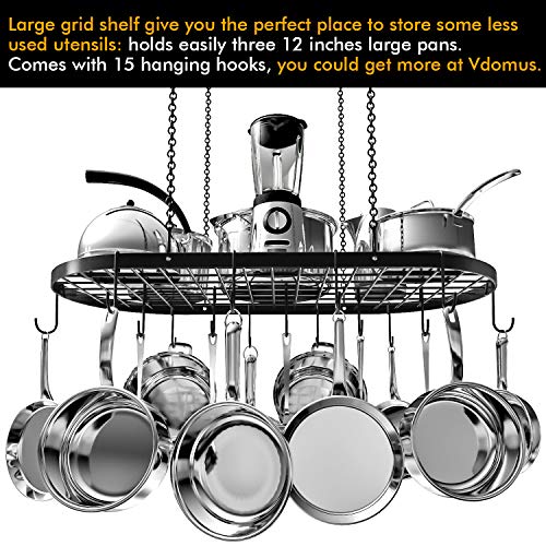 Vdomus Hanging Pot Rack Organizer - Heavy-duty Ceiling Pot Rack Storage - Mounted Kitchen Overhead Pots Holder - Multi-Purpose Kitchen Cookware, Utensils Hanger - 15 Hooks, 33 x 17 inches