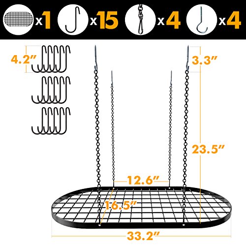 Vdomus Hanging Pot Rack Organizer - Heavy-duty Ceiling Pot Rack Storage - Mounted Kitchen Overhead Pots Holder - Multi-Purpose Kitchen Cookware, Utensils Hanger - 15 Hooks, 33 x 17 inches