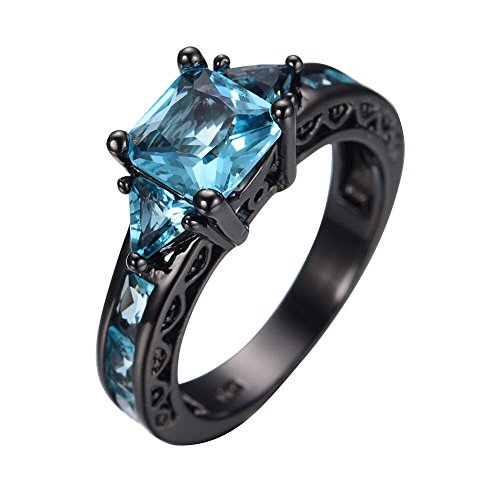 wattana Size 5-11 Princess Cut Aquamarine Band Women's 10KT Black Gold Filled Party Ring by Wat (6)