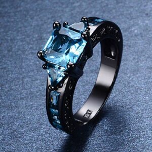 wattana Size 5-11 Princess Cut Aquamarine Band Women's 10KT Black Gold Filled Party Ring by Wat (6)