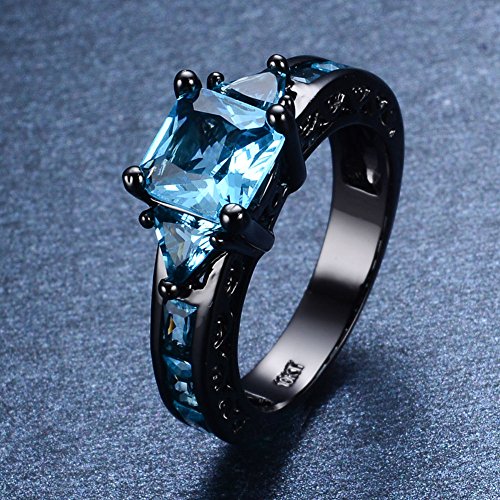 wattana Size 5-11 Princess Cut Aquamarine Band Women's 10KT Black Gold Filled Party Ring by Wat (6)