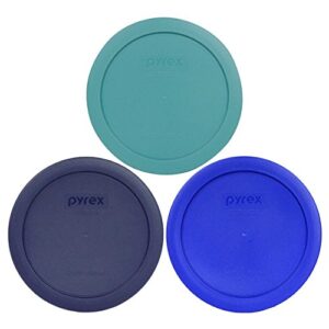 pyrex 7201-pc 4 cup (1) turquoise, (1) cobalt blue, & (1) dark blue round plastic storage lids, made in usa