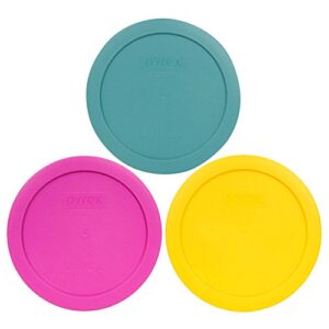 pyrex 7201-pc 4 cup (1) turquoise, (1) pink, & (1) meyer yellow round plastic storage lids, made in usa