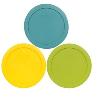 pyrex 7201-pc 4 cup (1) turquoise, (1) edamame green, & (1) meyer yellow round plastic storage lid, made in usa