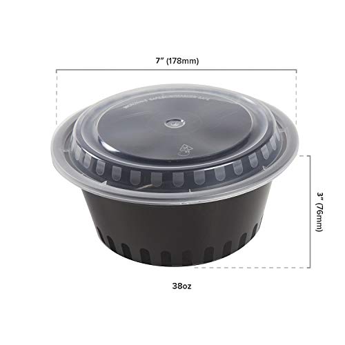 AmerCare 7 Inch Round Black Plastic Containers with Lids, 38 Ounces for Microwave or Freezer, Pack of 150