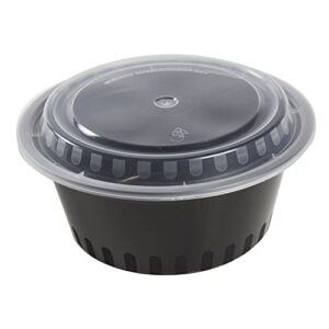 amercare 7 inch round black plastic containers with lids, 38 ounces for microwave or freezer, pack of 150