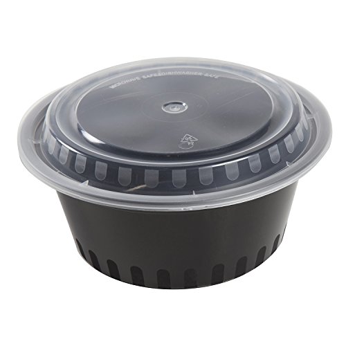 AmerCare 7 Inch Round Black Plastic Containers with Lids, 38 Ounces for Microwave or Freezer, Pack of 150