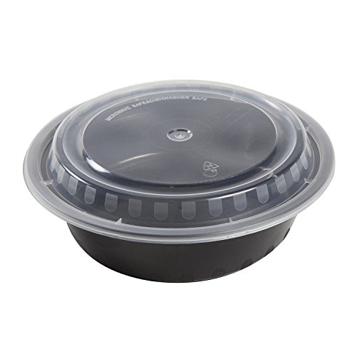 AmerCare 6 Inch Round Black Plastic Containers with Lids, 16 Ounces for Microwave or Freezer, Pack of 150