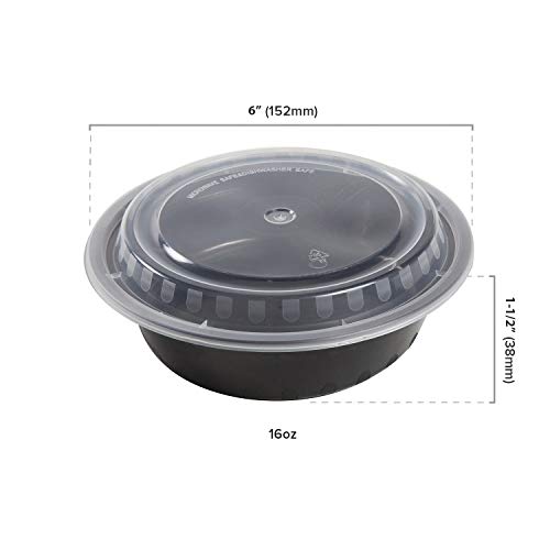 AmerCare 6 Inch Round Black Plastic Containers with Lids, 16 Ounces for Microwave or Freezer, Pack of 150