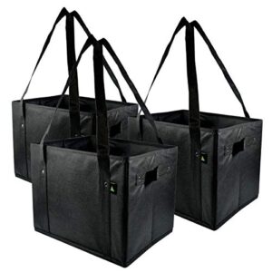 zenpac shopping bags for groceries - 3 pack extra large collapsible market box totes with handles, strong cloth fabric, foldable bags with rigid bottom, stands up for produce, food, bulk - 14.5x10x10