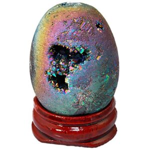 mookaitedecor Druzy Agate Geode Specimen, Rainbow Titanium Coated Quartz Crystal Egg Figurines with Wood Stand