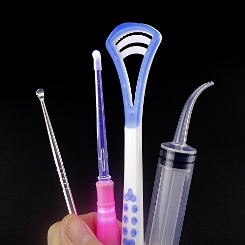 Airgoesin Professional Tonsil Stone Remover Tool LED Light (Pink) | Stainless Steel Tonsillolith Pick Oral Care | Irrigation Syringe | Tongue Cleaner Scraper