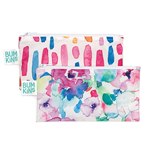 Bumkins Snack Bags, Reusable Fabric, Washable, Food Safe, BPA Free - Watercolor & Brushstrokes (2-Pack)